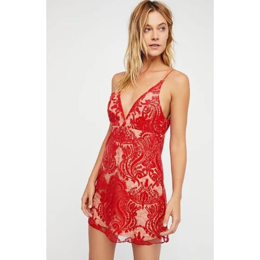 Free People Night Shimmers Mini Slip Dress Red Sequin Boho Festival US 2 NWT